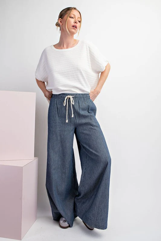 Marissa Drawstring Pinstripe Wide Leg Pants Navy