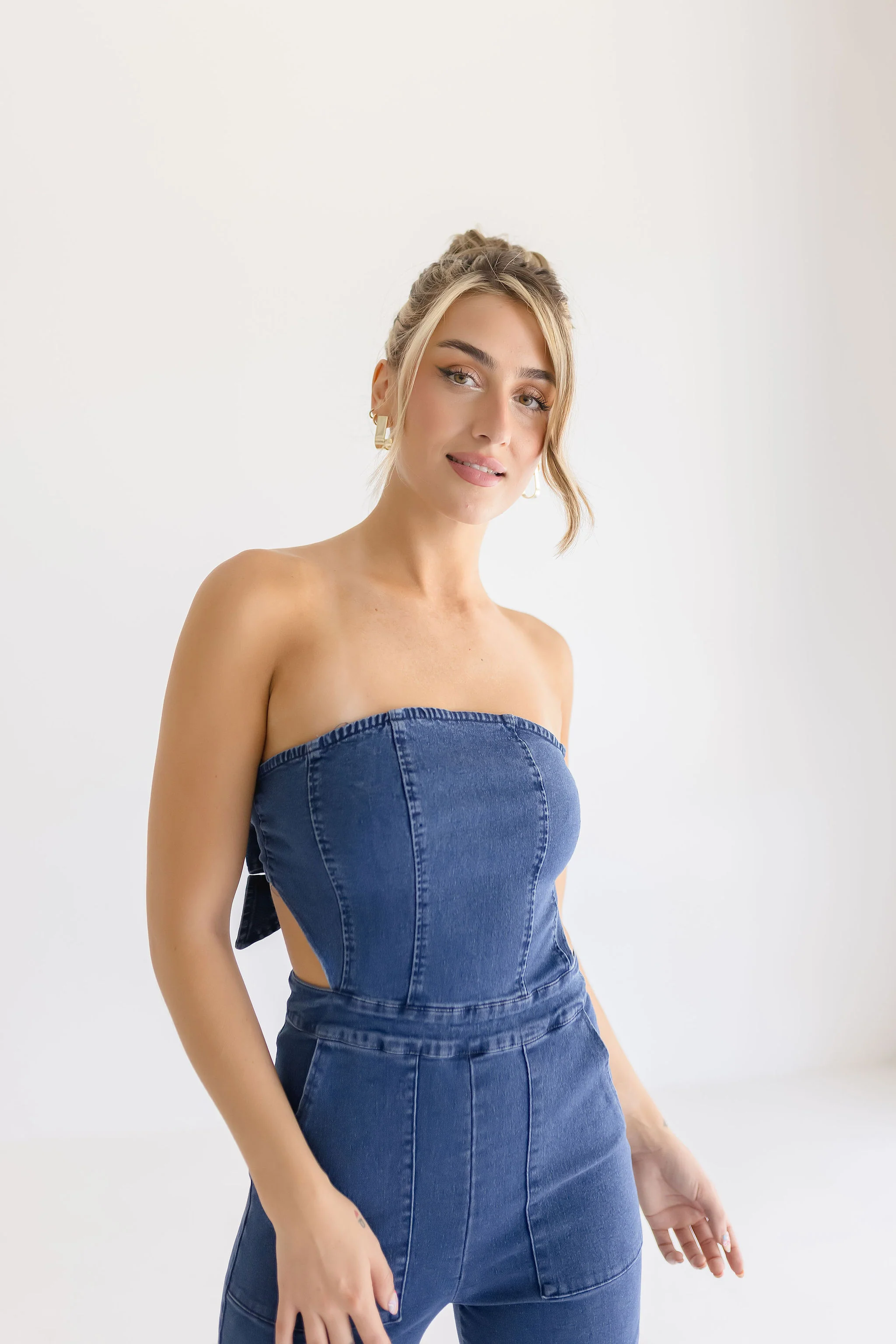 Charli Sleeveless Back Tie Wide Leg Denim Jumpsuit Dark Wash