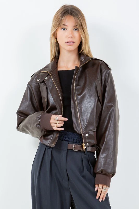 Waitlist 9/30 ♥ Aria Vegan Leather Cropped Bomber Jacket Brown
