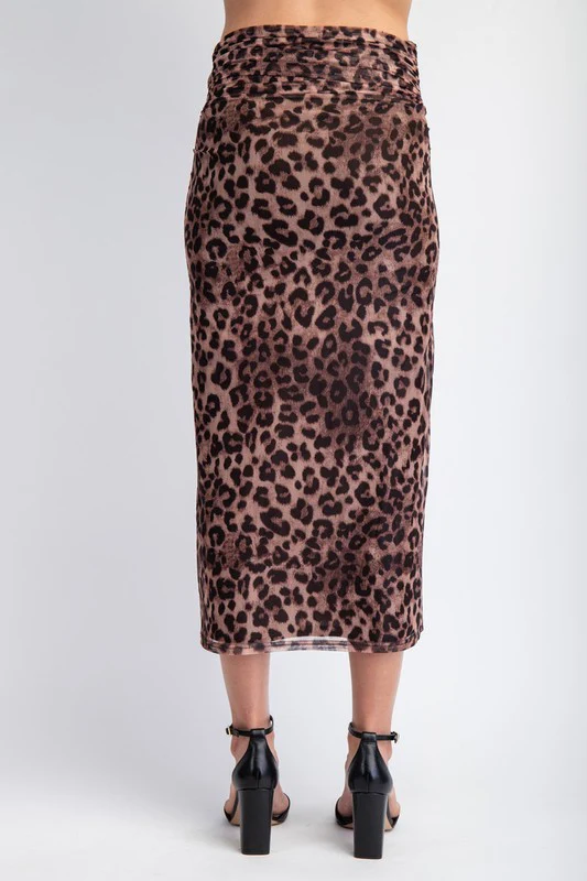 Angela Leopard Print Mesh Midi Skirt Brown