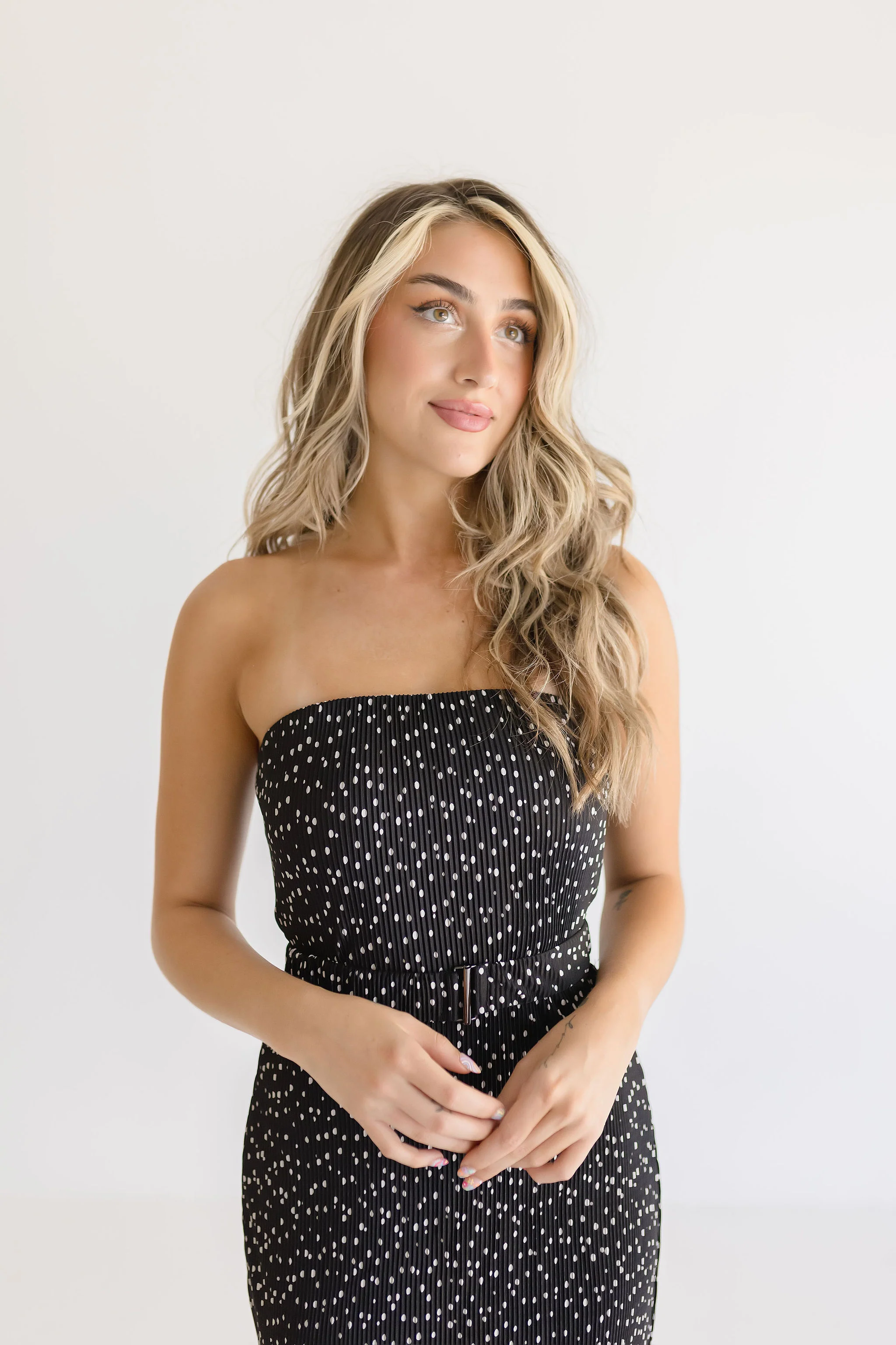 Tinsley Sleeveless Belted Polka Dot Print Midi Dress Black