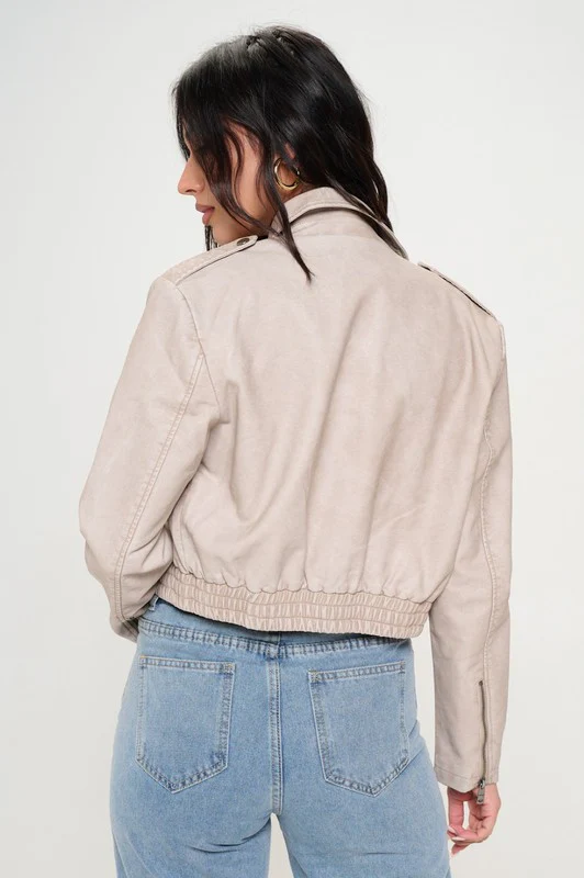 Avery Vegan Leather Cropped Bomber Jacket Cream