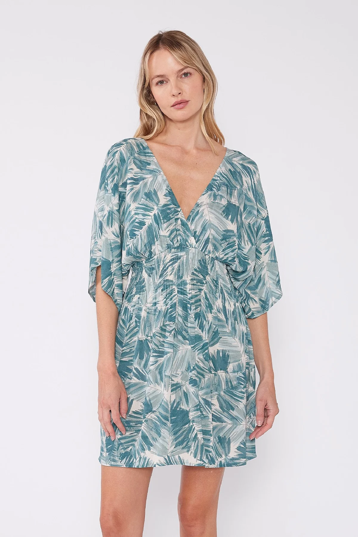 Ophelia Kimono Sleeve Tropical Print Mini Dress Teal