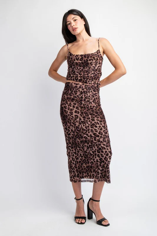 Angela Leopard Print Mesh Midi Skirt Brown