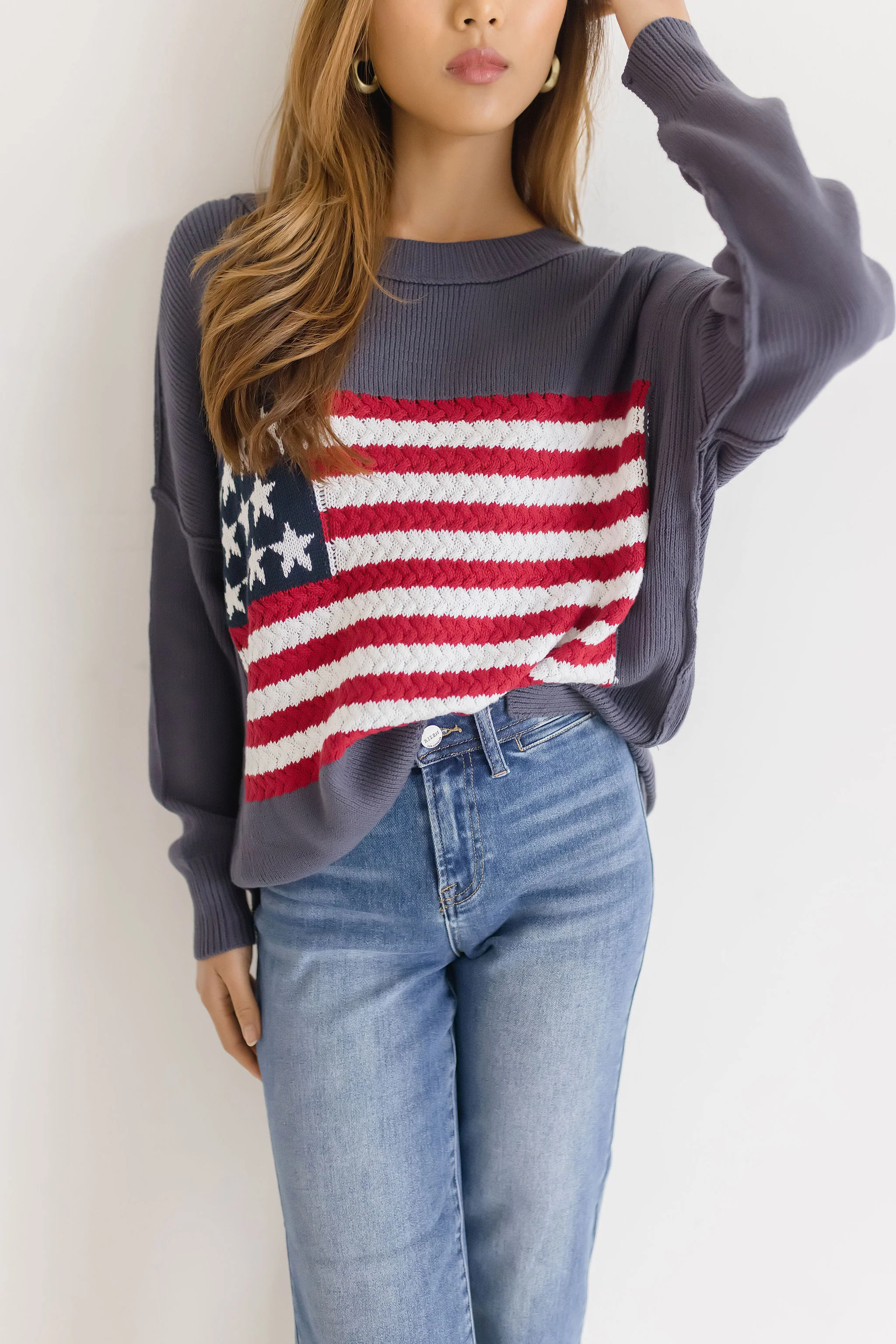 America Flag Print Sweater Top Navy