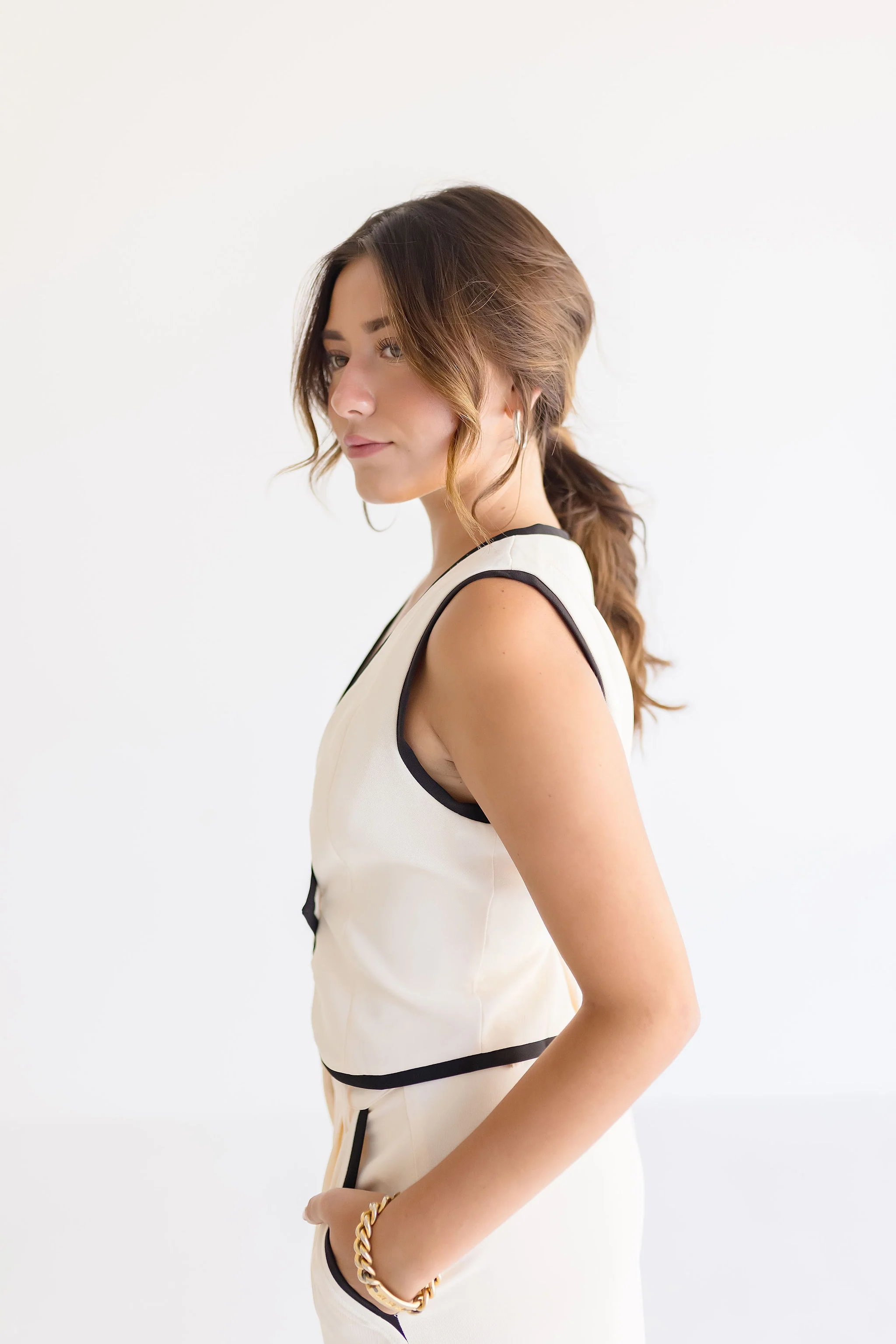 Elena Double Breasted Contrasting Edge Vest Cream