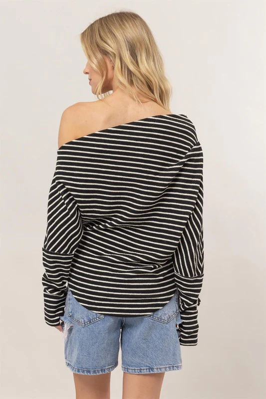 Carla Long Sleeve One Shoulder Striped Sweater Top Black
