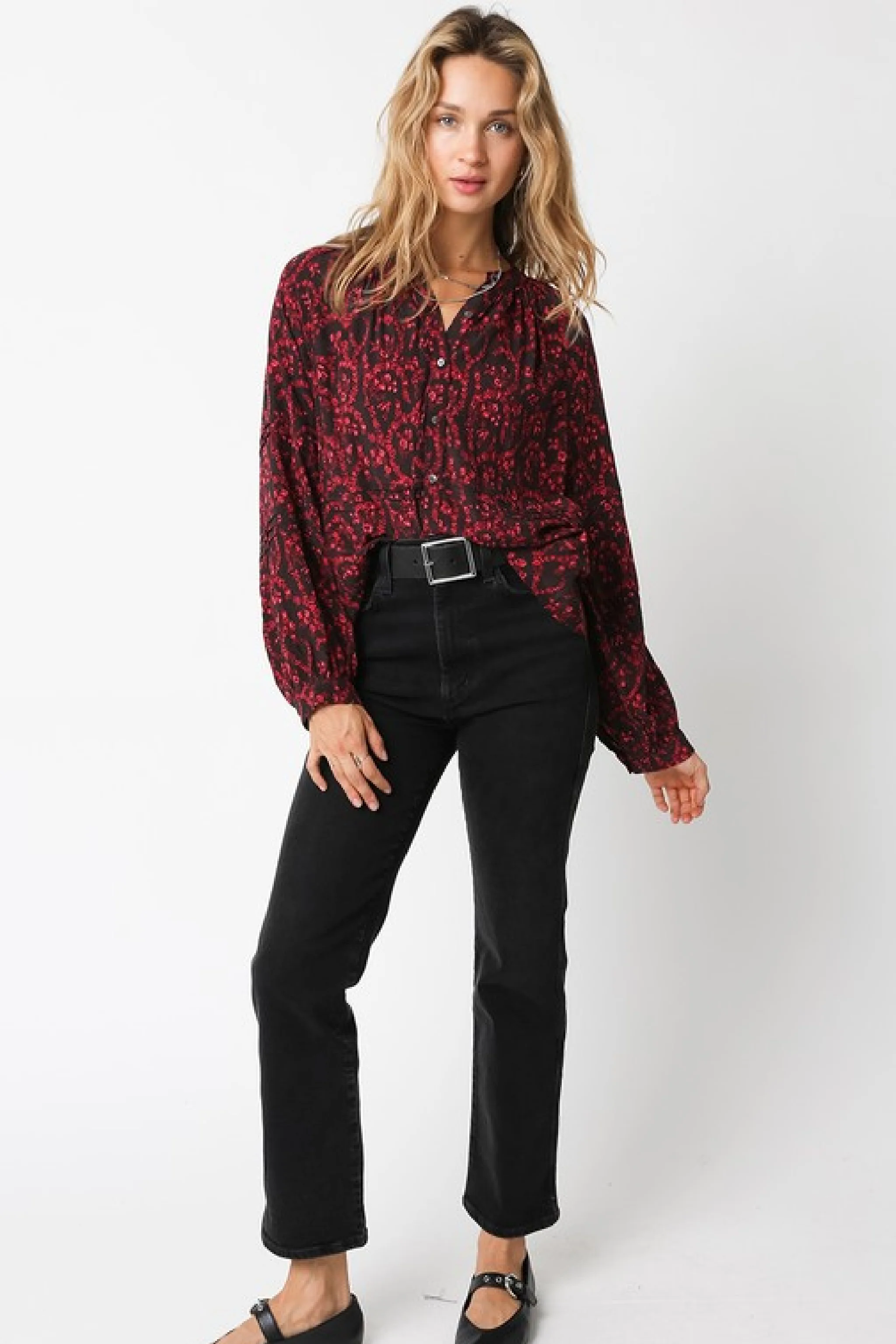 Waitlist 9/4 ♥ Angelina Long Sleeve Abstract Print Top Red