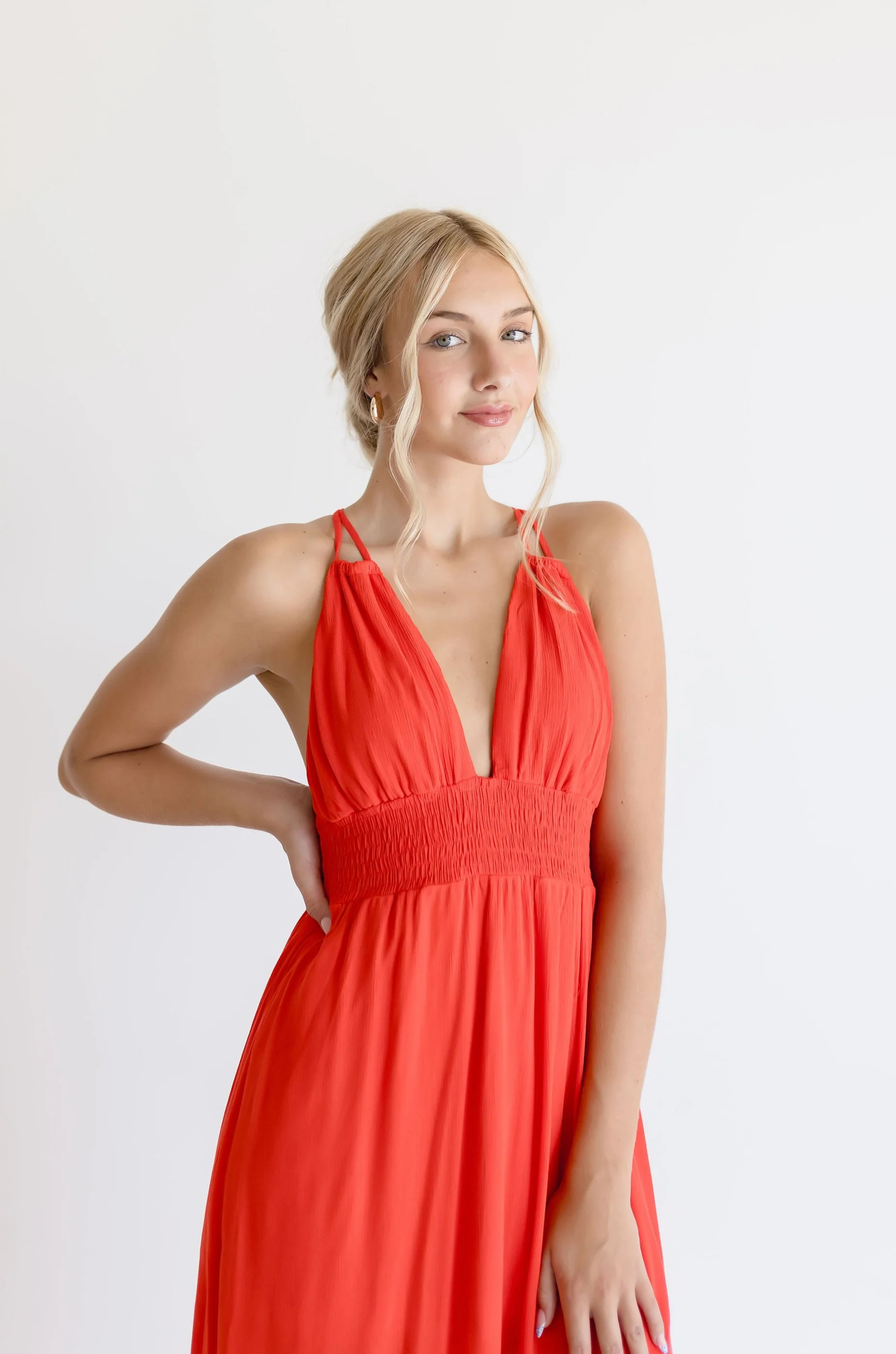Astrid Open Back Halter Tie Maxi Dress Red