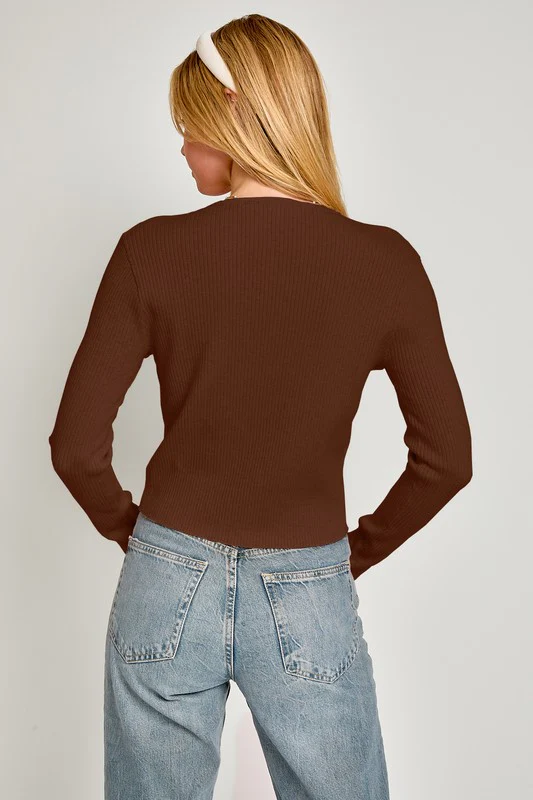 Waitlist 9/4 ♥ Sheri Long Sleeve Bow Tie Sweater Top Brown