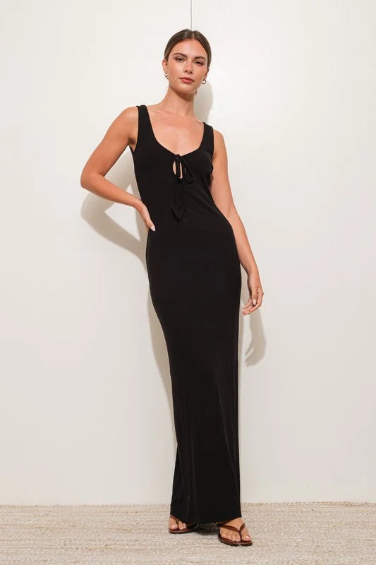 Watilist 9/4 ♥ Kellan Sleeveless Front Tie Ribbed Knit Maxi Dress Black