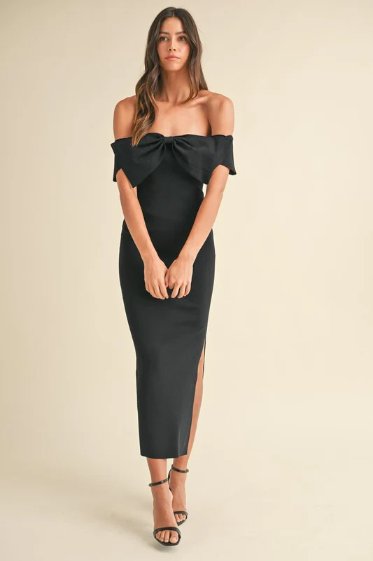 Waitlist 10/26 ♥ Chantelle Off The Shoulder Bow Knit Midi Dress Black