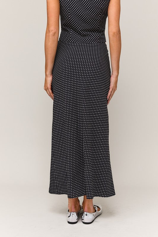 Waitlist 9/4 ♥ Whitney Polta Dot Print Bow Tie Top And Midi Skirt Set Black