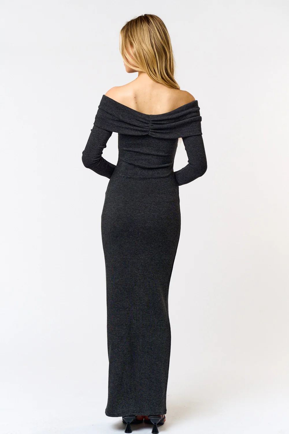 Waitlist 10/10 ♥ Roxanne Off The Shoulder Long Sleeve Ribbed Maxi Dress Charcoal