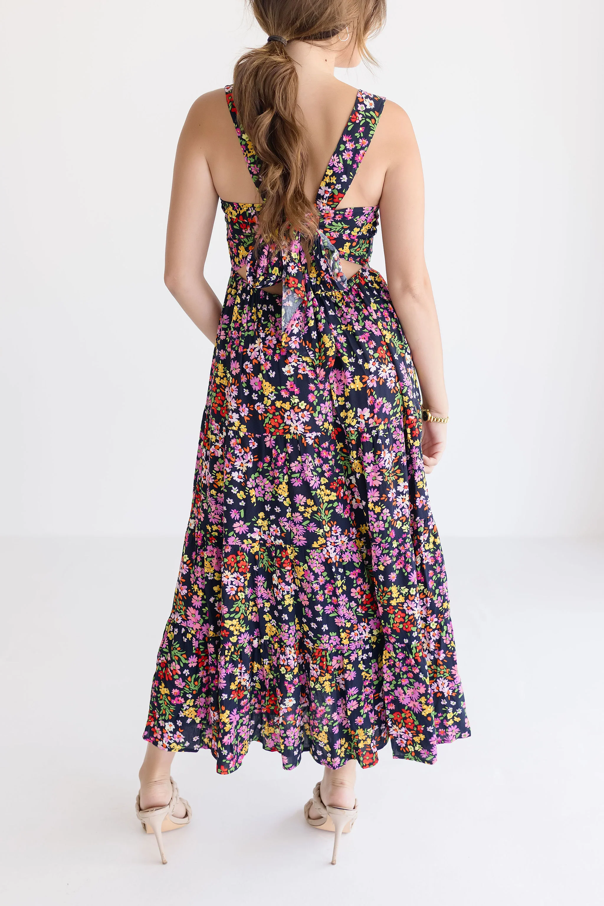 Lola Floral Print Back Tie Midi Dress Navy