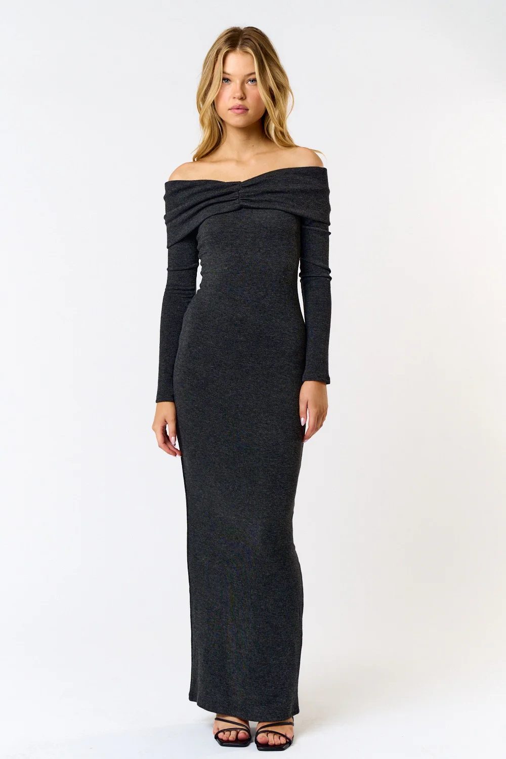 Waitlist 10/10 ♥ Roxanne Off The Shoulder Long Sleeve Ribbed Maxi Dress Charcoal