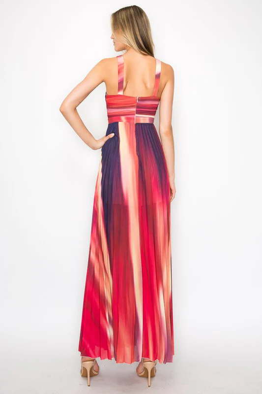 Carrie Sleeveless Abstract Print Pleated Maxi Dress Red