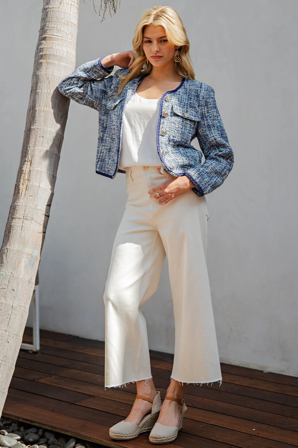 Steph Long Sleeve Tweed Button Down Jacket Blue