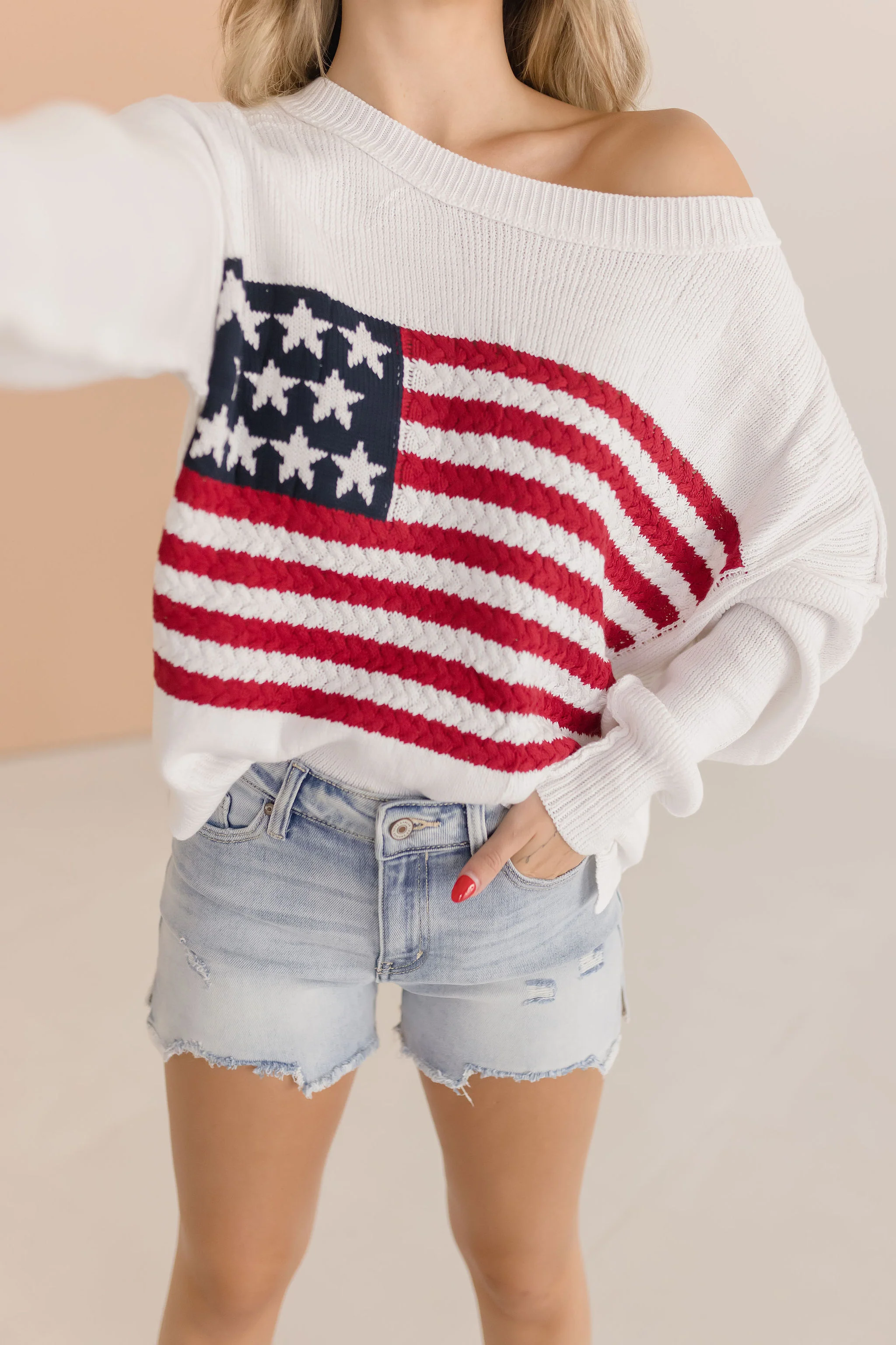 America Flag Print Sweater Top White
