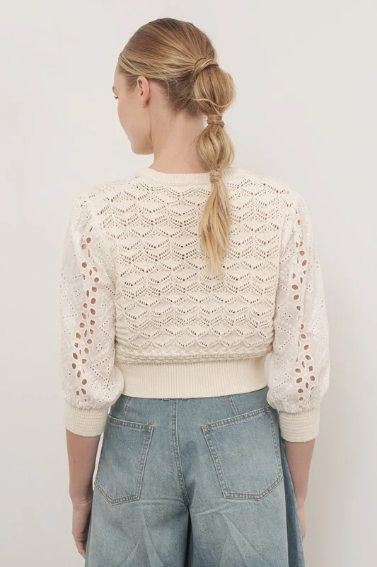 Waitlist 9/5 ♥ Paige 3/4 Sleeve Crochet Cardigan Sweater Top Cream