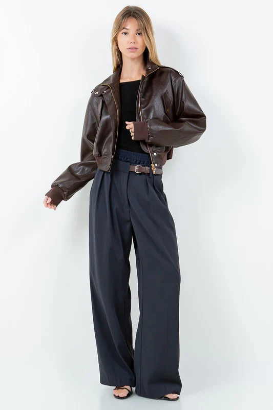 Waitlist 9/30 ♥ Aria Vegan Leather Cropped Bomber Jacket Brown