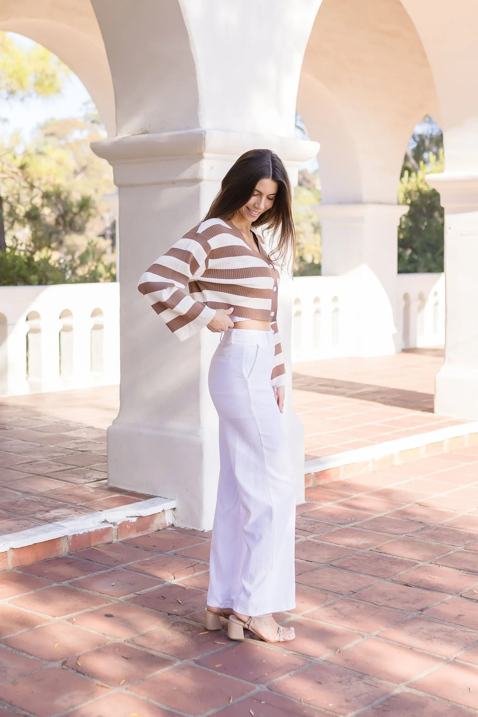 Leticia Long Sleeve Stripe Print Cropped Cardigan Taupe