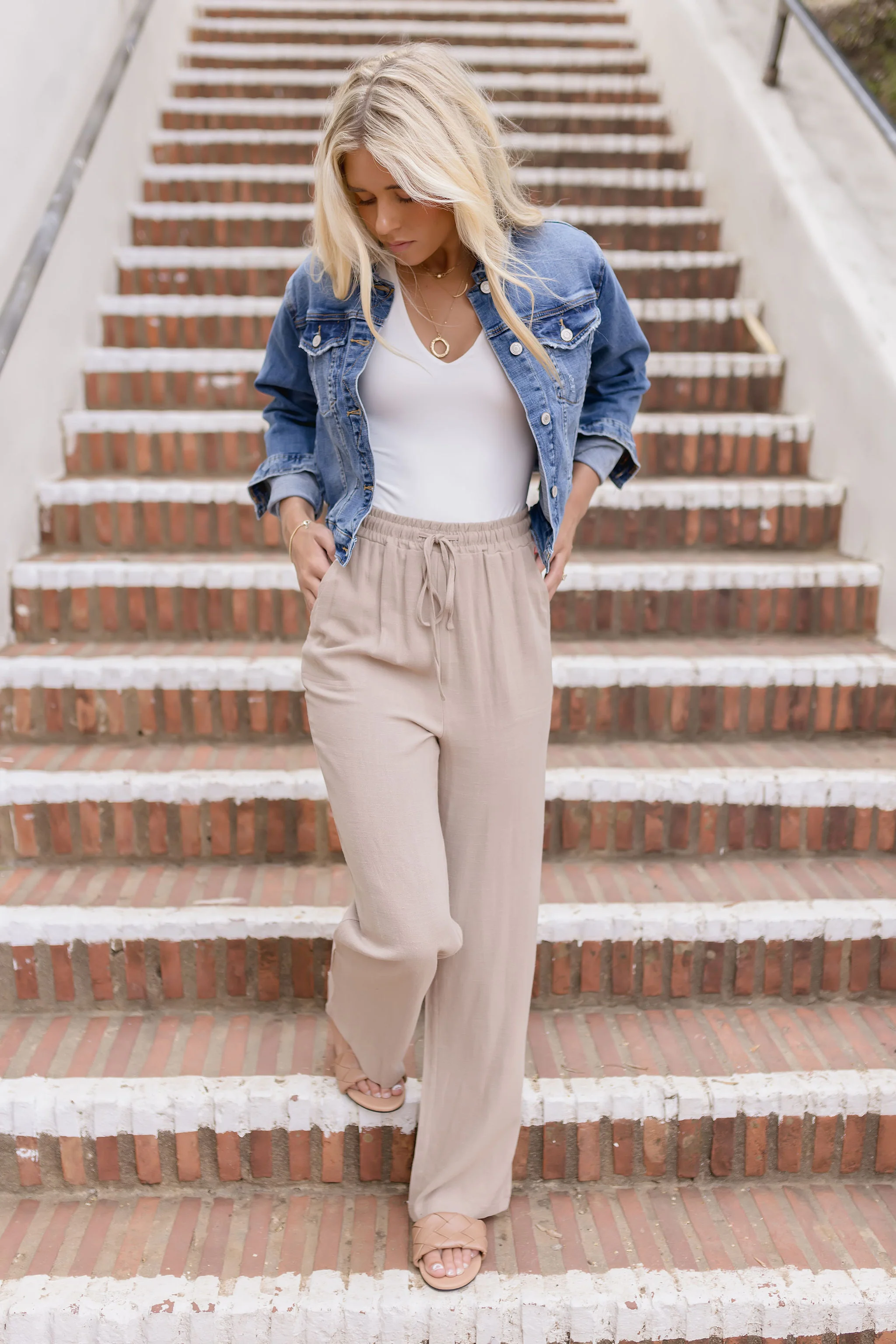 Janis Drawstring Linen Wide Leg Pants Taupe