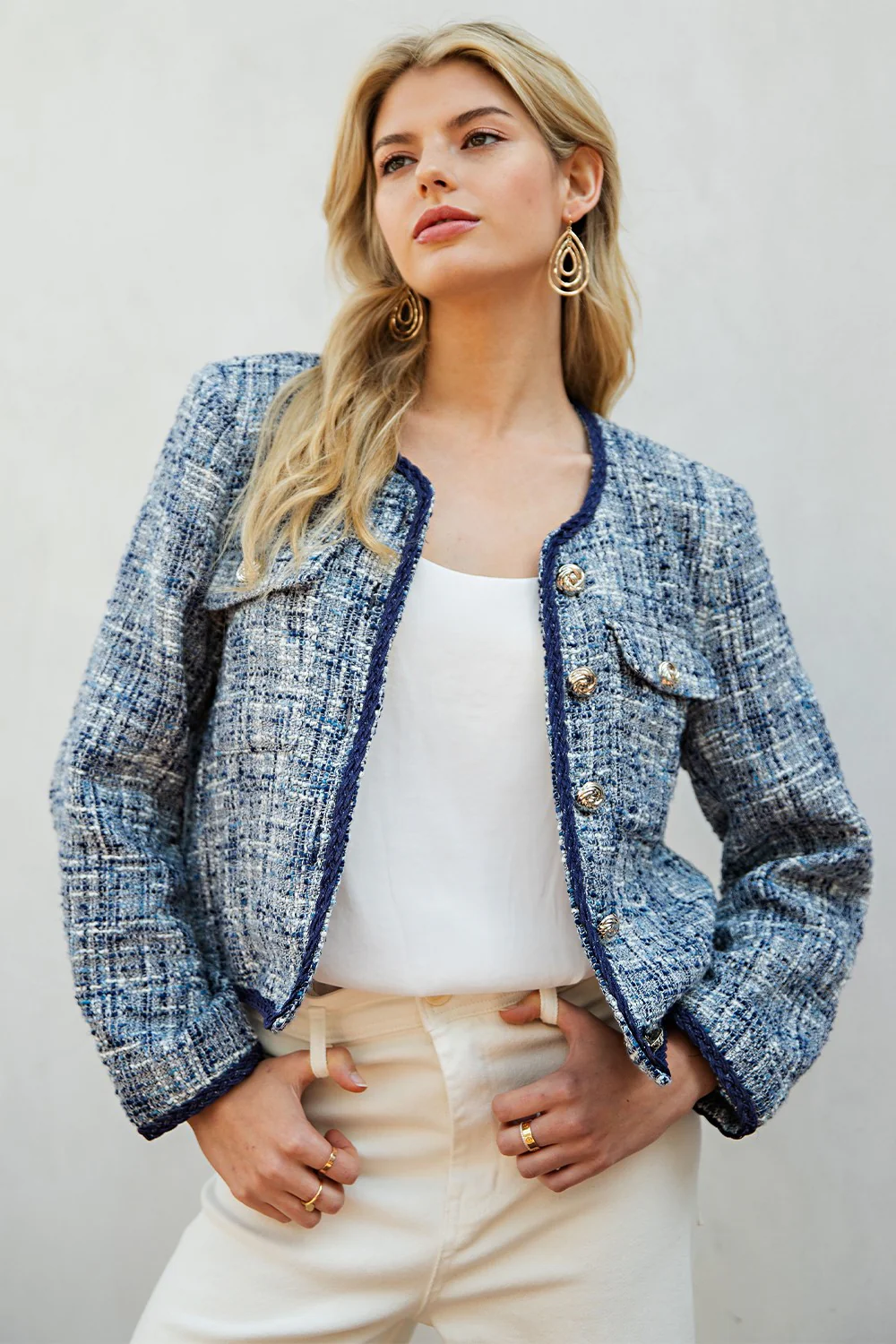 Steph Long Sleeve Tweed Button Down Jacket Blue