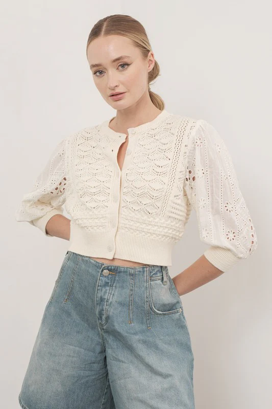 Waitlist 9/5 ♥ Paige 3/4 Sleeve Crochet Cardigan Sweater Top Cream