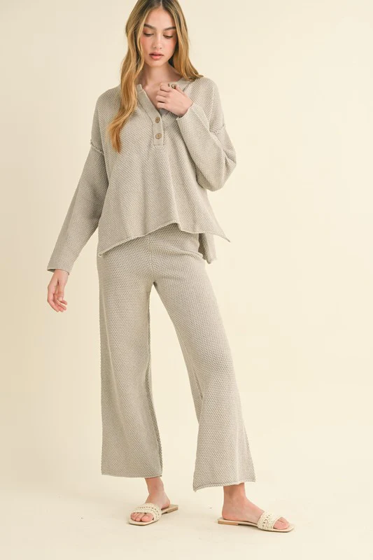 Waitlist 10/16 ♥ Camila Long Sleeve Waffle Knit Sweater Top And Pants Set Grey