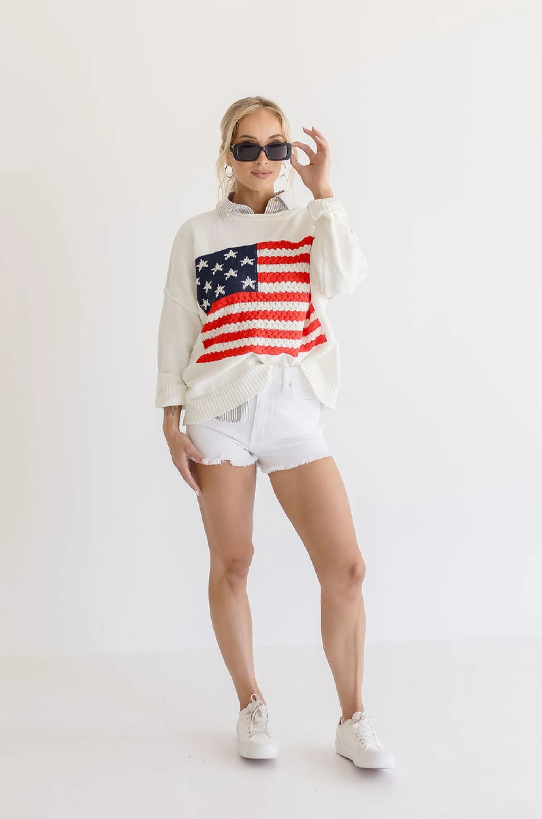 America Flag Print Long Sleeve Sweater Top White