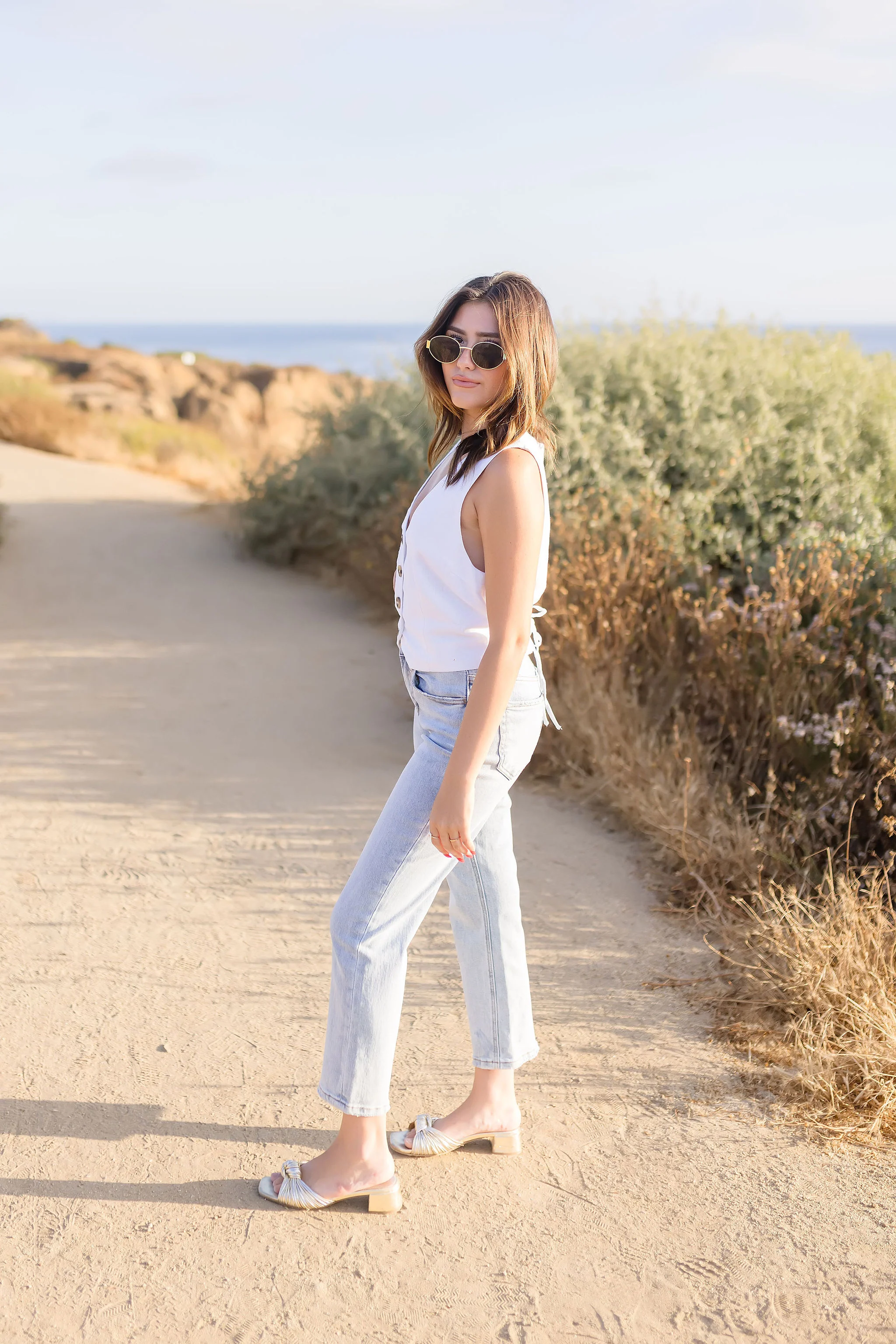 Amy Button Down Linen Vest White