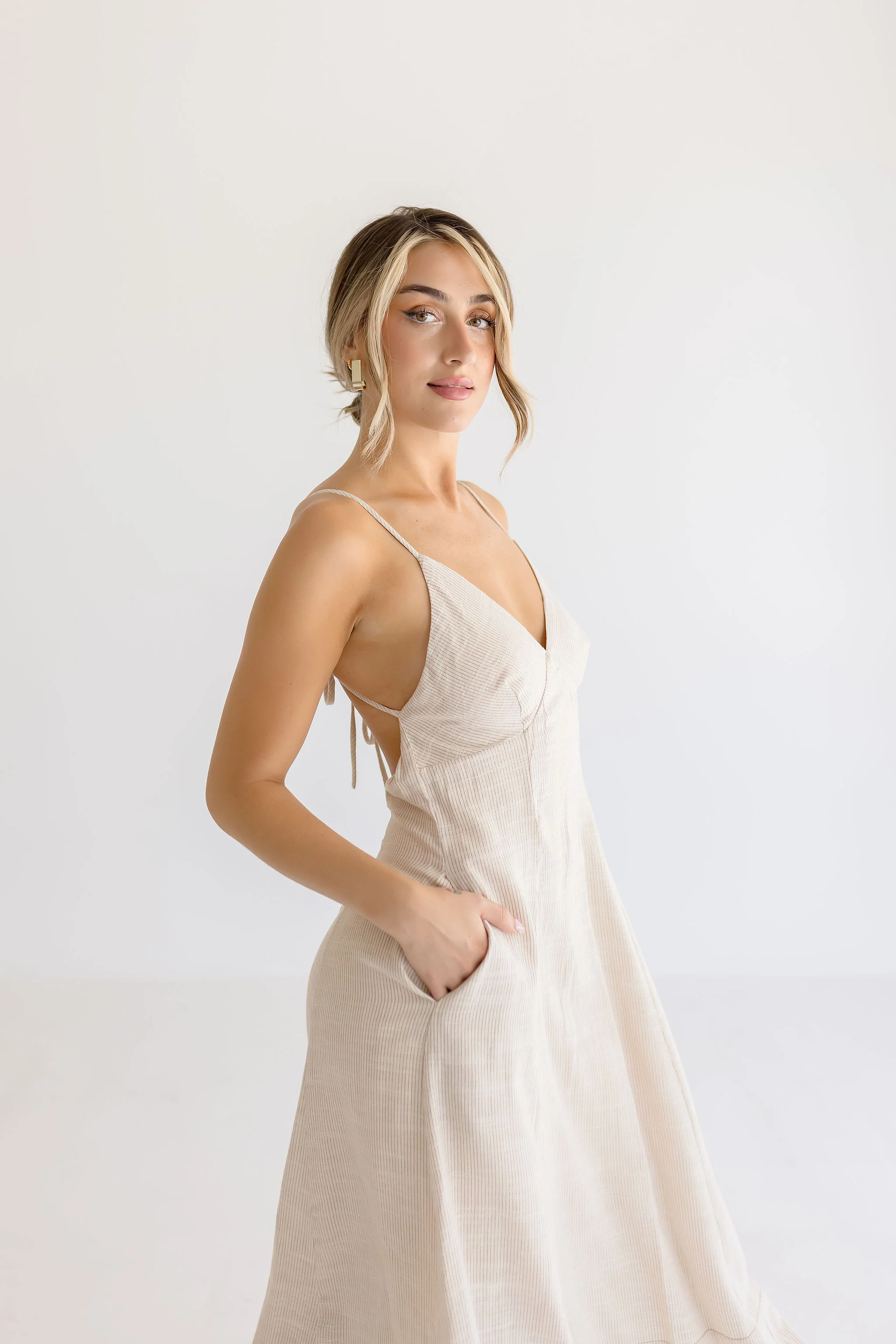 Britton Sleeveless Open Back Stripe Linen Maxi Dress Taupe