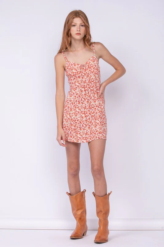 Trisha Sleeveless Front Tie Floral Print Mini Dress Rust