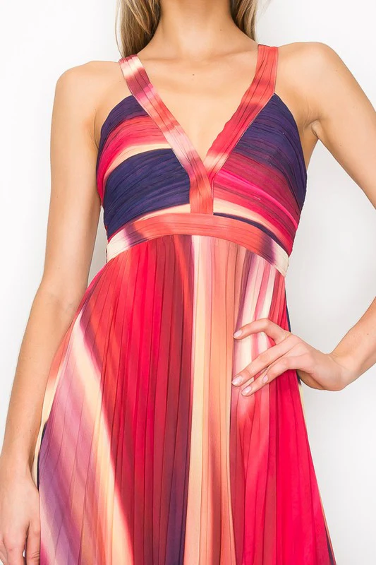 Carrie Sleeveless Abstract Print Pleated Maxi Dress Red