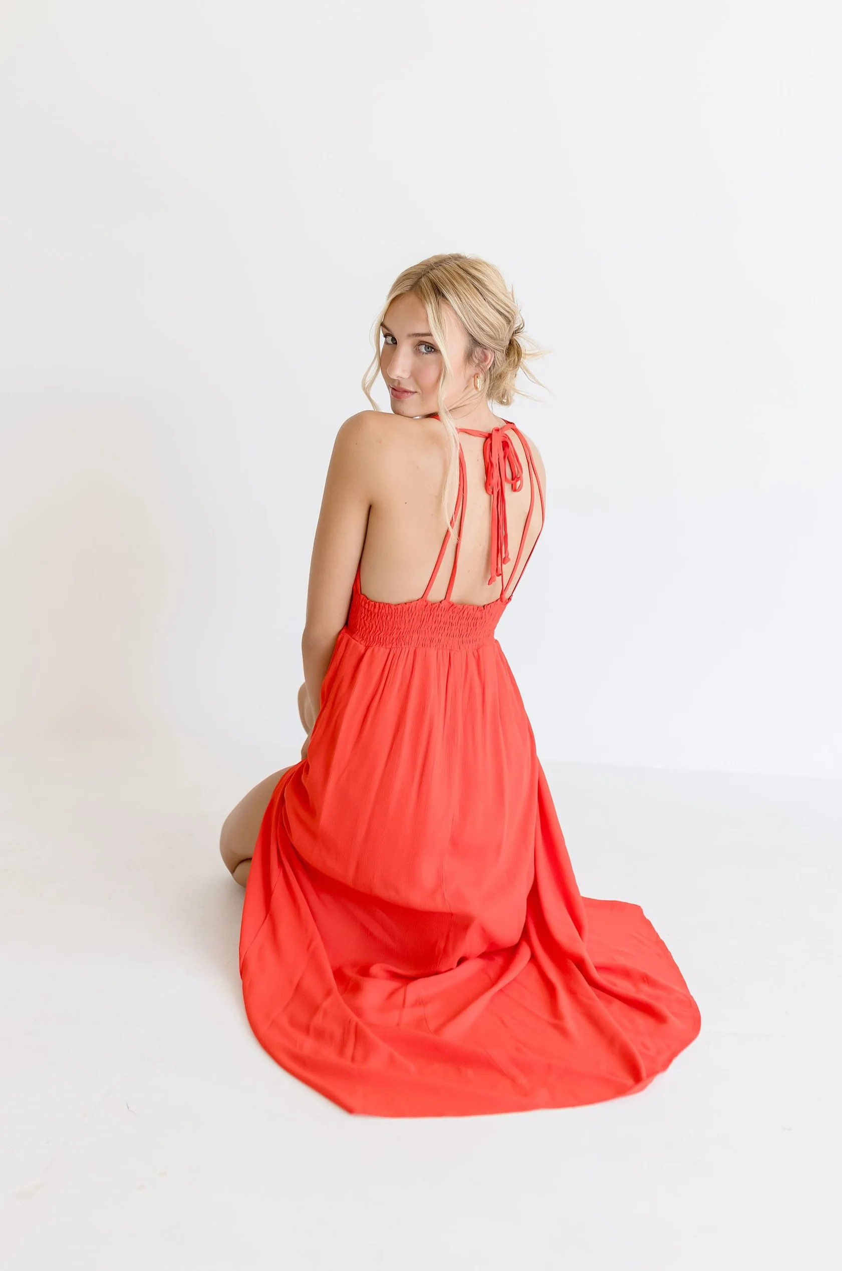 Astrid Open Back Halter Tie Maxi Dress Red