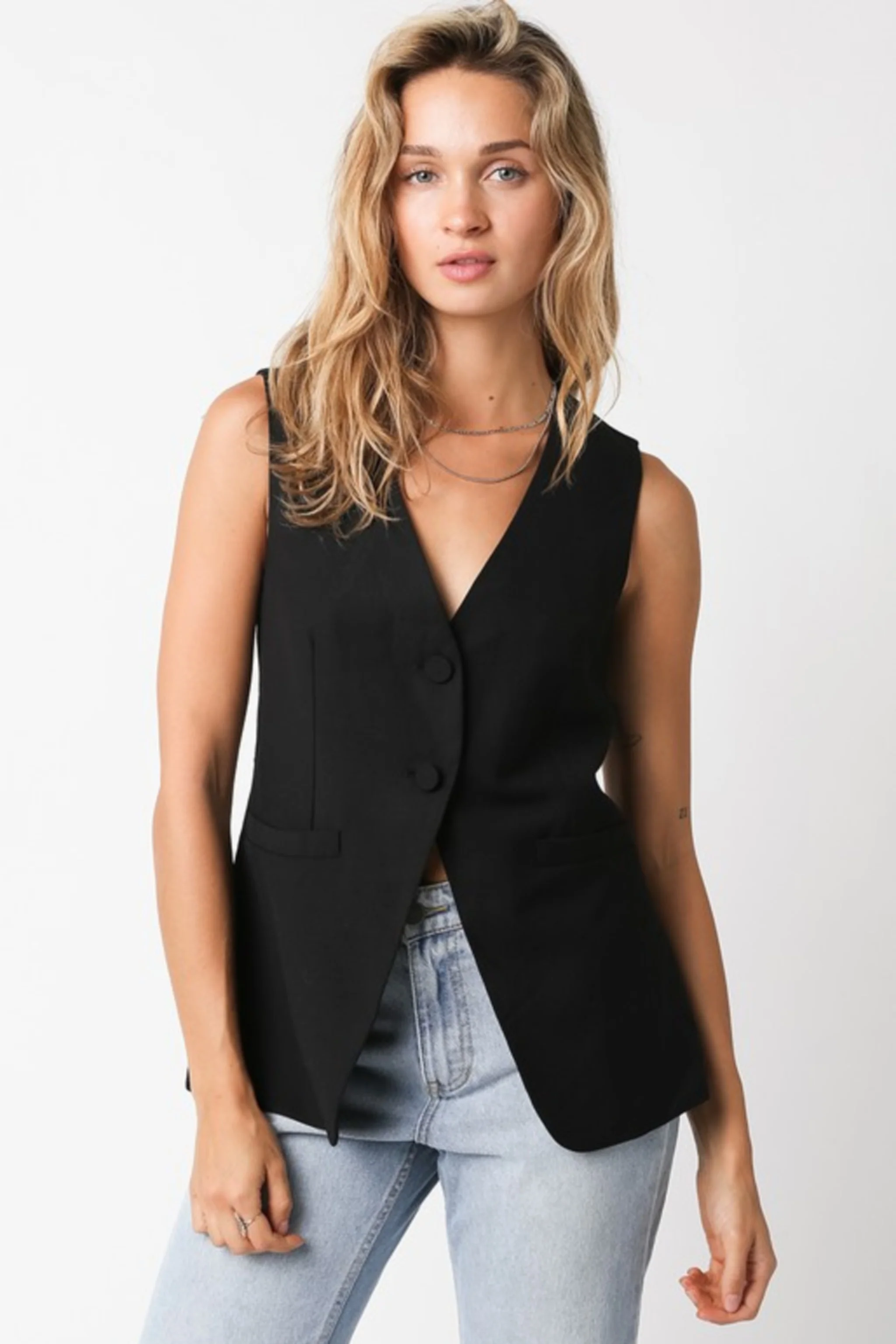 Robin Sleeveless Button Down Vest Black