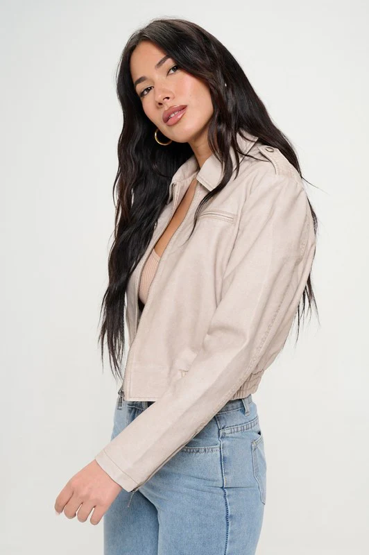Avery Vegan Leather Cropped Bomber Jacket Cream