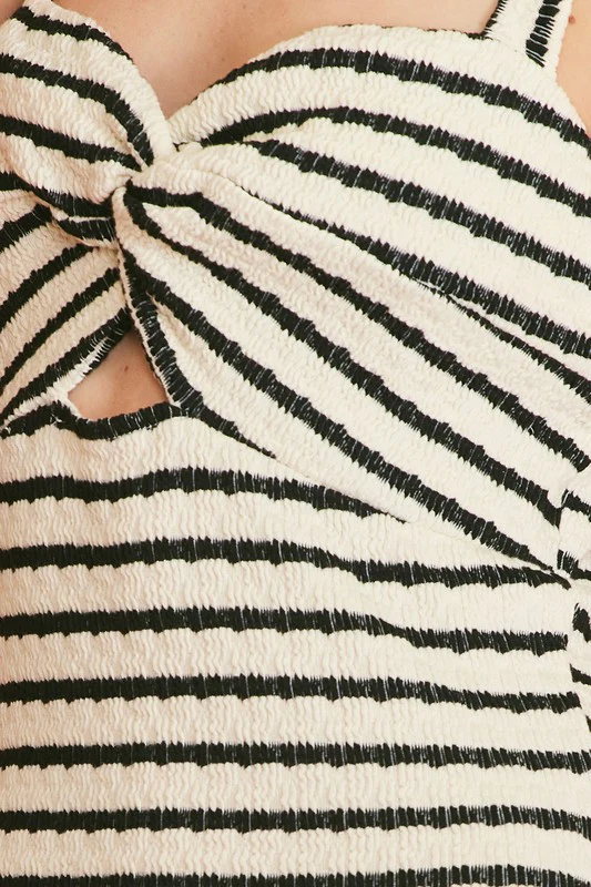 Brooke Sleeveless Halter Tie Stripe Print Knit Maxi Dress Black