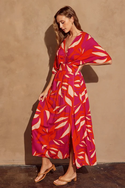 Amberlynn Kimono Sleeve Tropical Print Maxi Dress Fuchsia