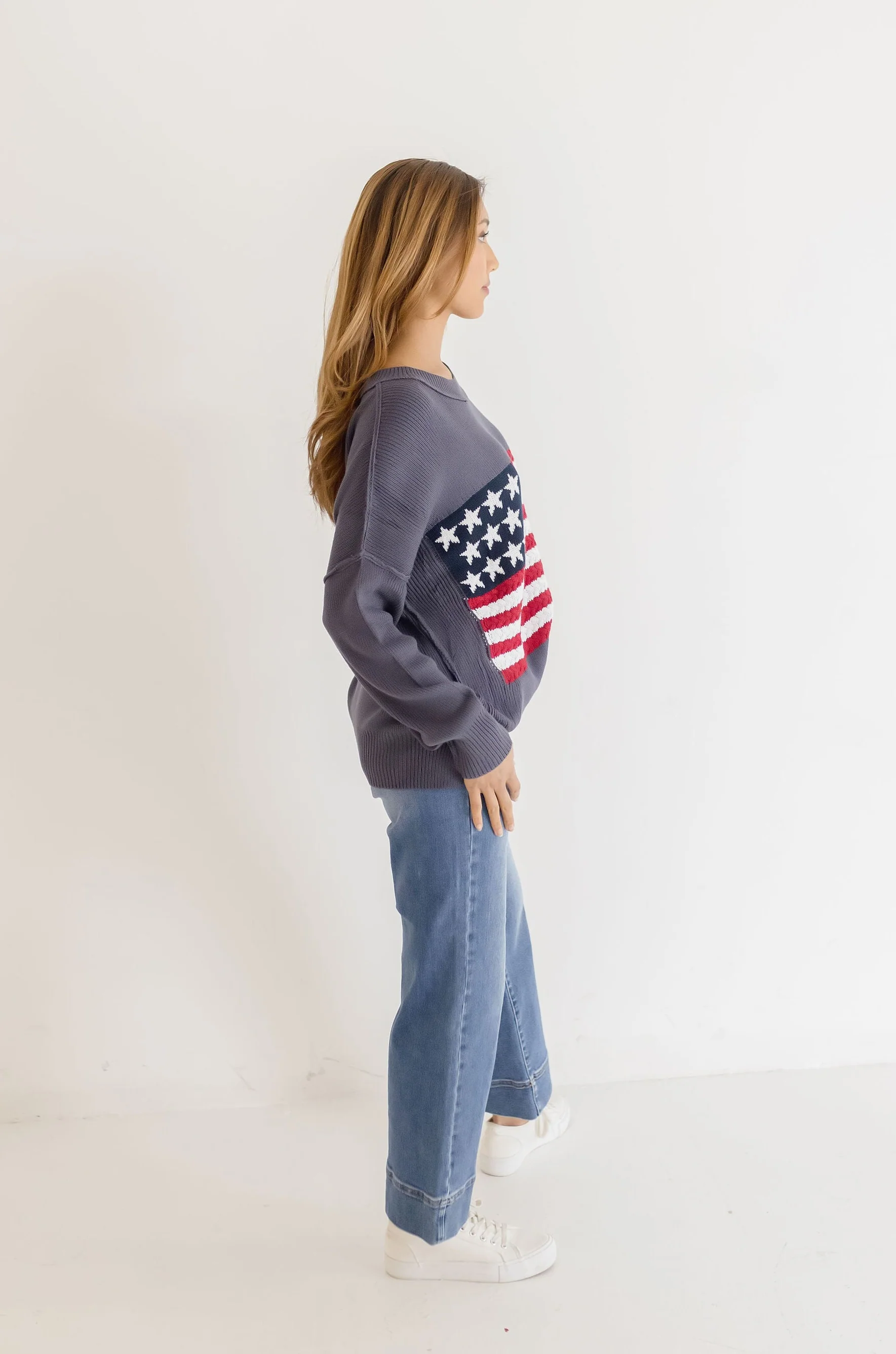 America Flag Print Sweater Top Navy