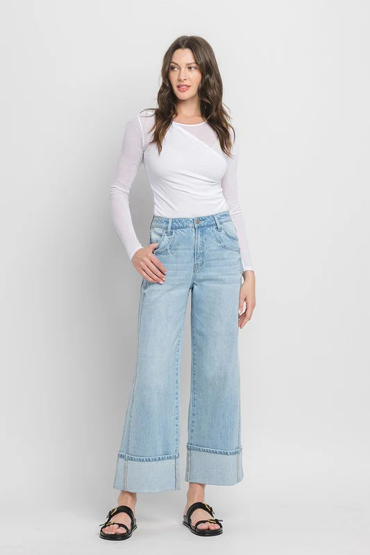 Waitlist 10/20 ♥ Ariana High Rise Cruffed Wide Leg Jeans Light Wash