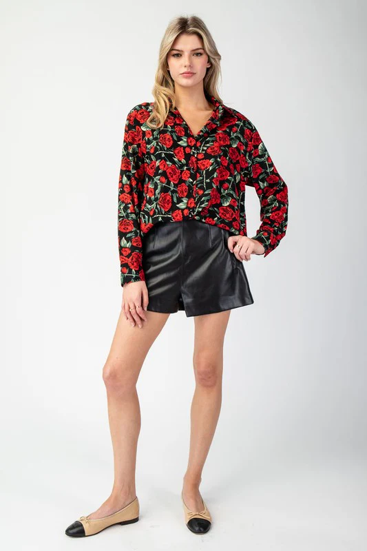 Iris Long Sleeve Rose Print Button Down Top Black