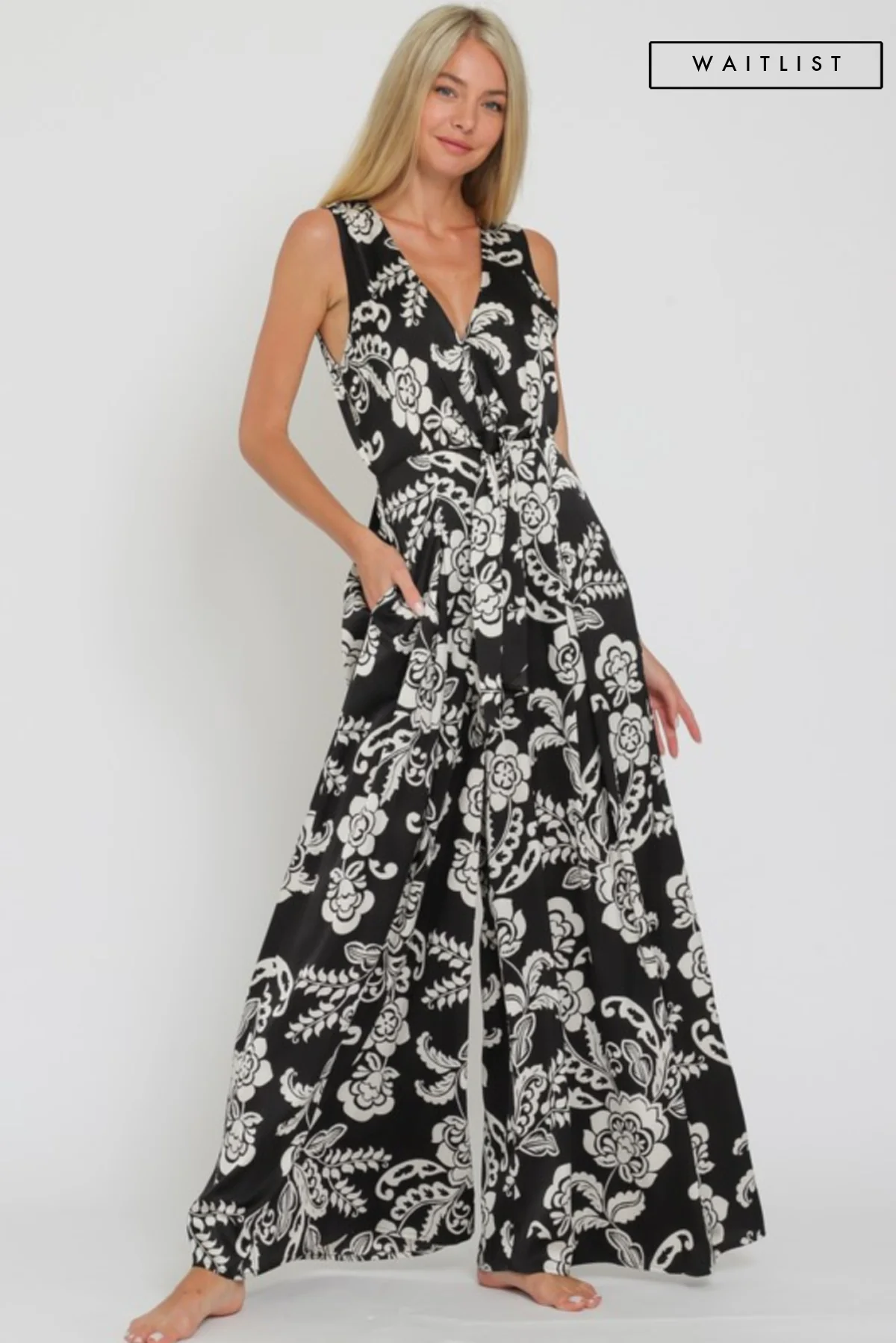 Waitlist 9/2 ♥ Andrea Sleeveless Front Tie Floral Print Wide Leg Jumpsuit Black