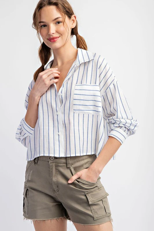 Hadley Long Sleeve Button Down Stripe Print Crop Top Blue