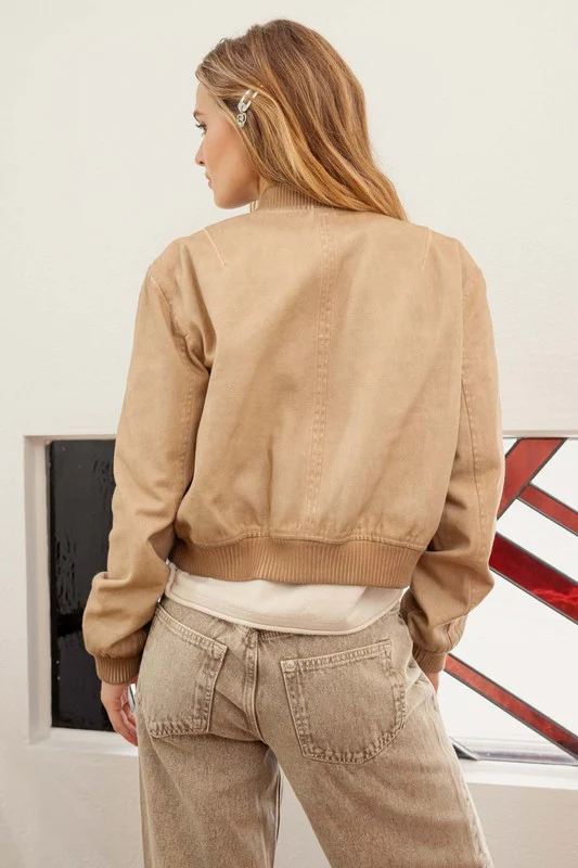 Waitlist 9/4 ♥ Regan Long Sleeve Vegan Leather Bomber Jacket Camel