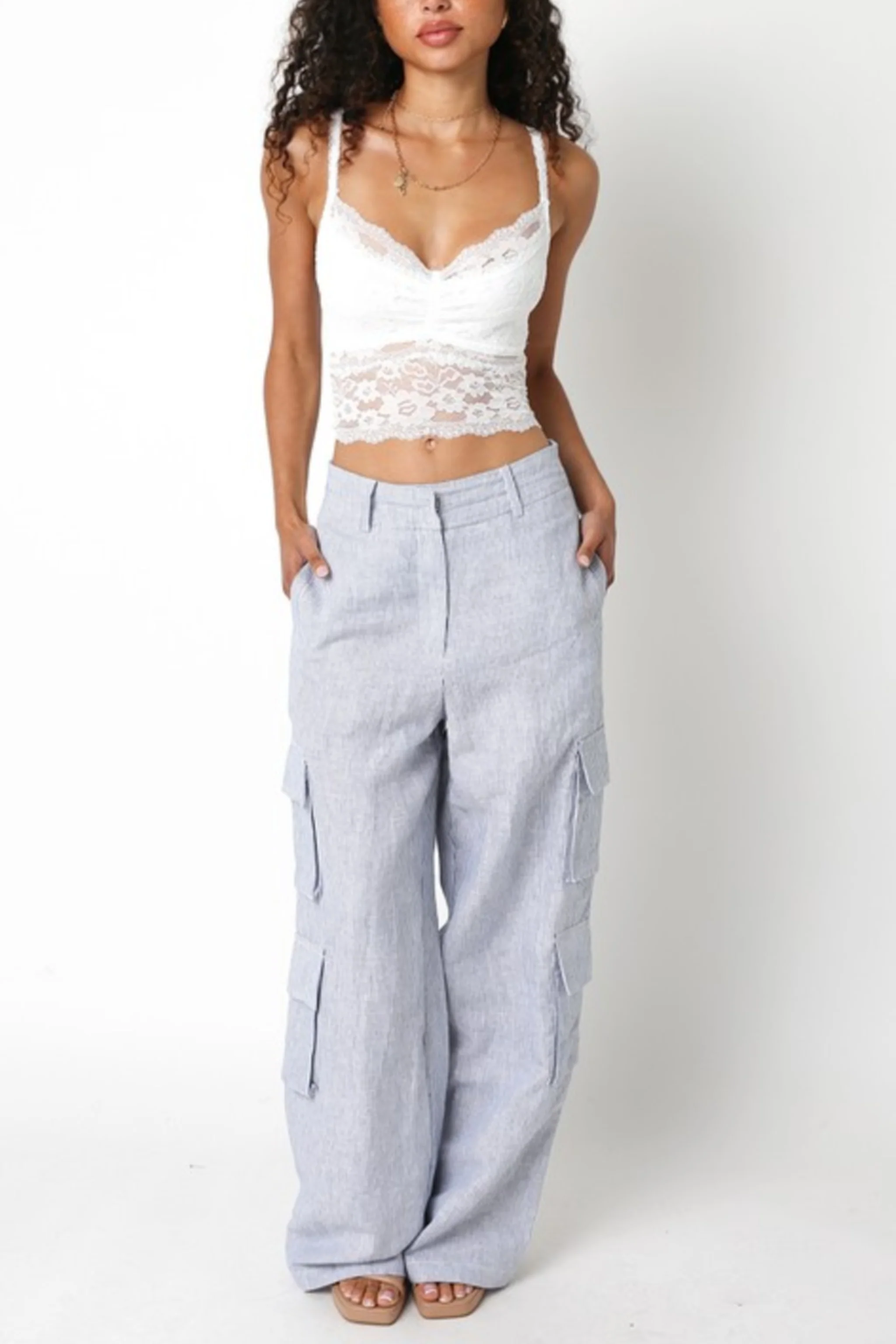 Elliott Stripe Print Wide Leg Linen Cargo Pants Blue