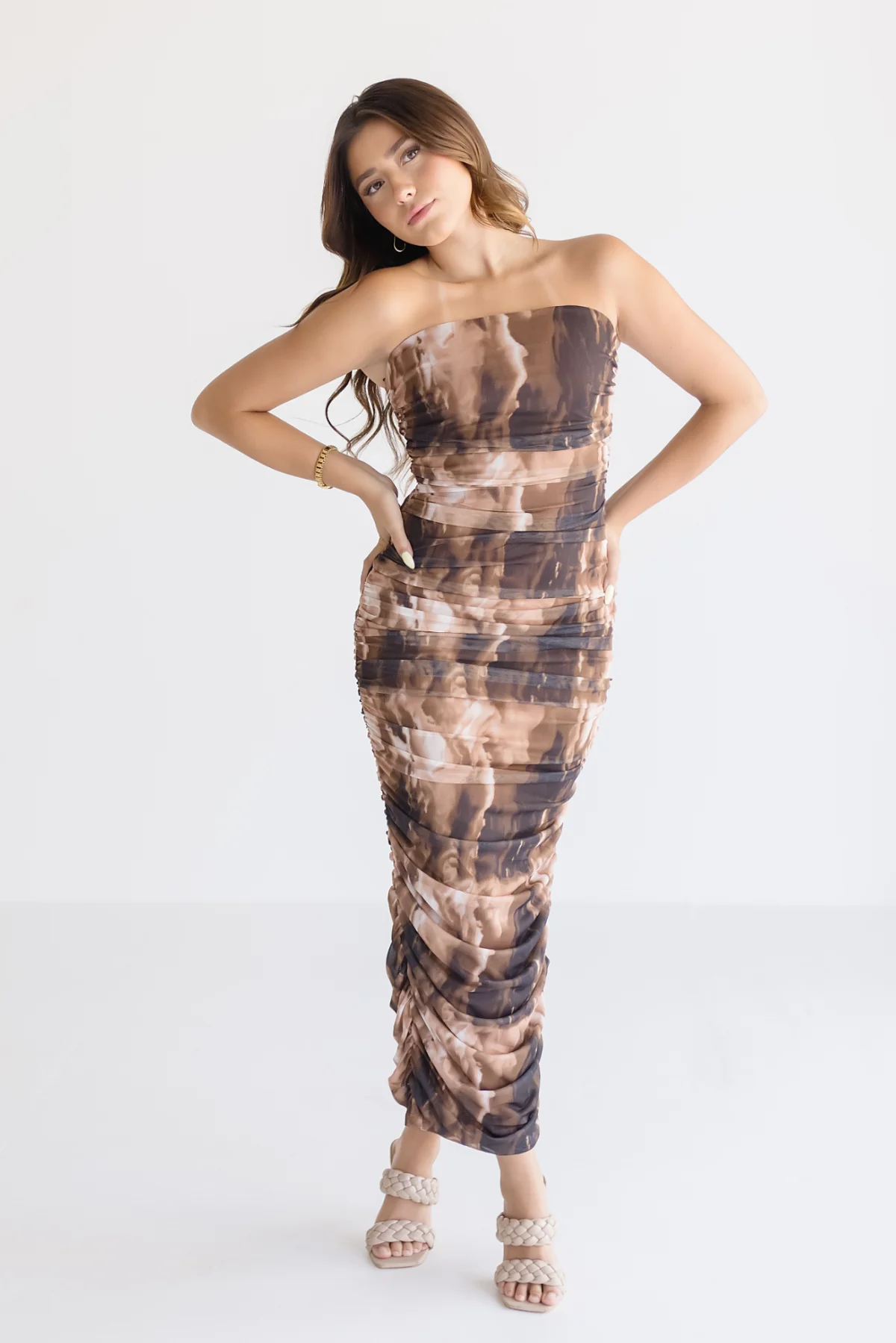 Julianne Sleeveless Abstract Print Mesh Midi Dress Brown