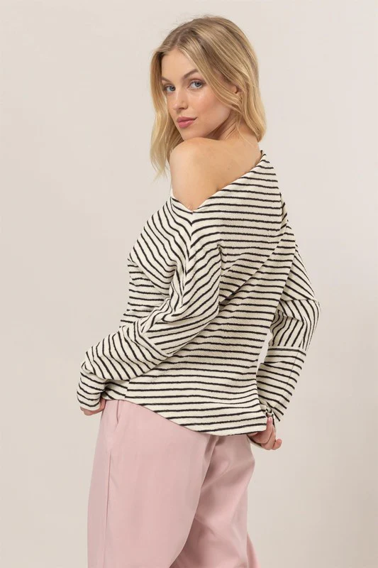 Carla Long Sleeve One Shoulder Striped Sweater Top Cream