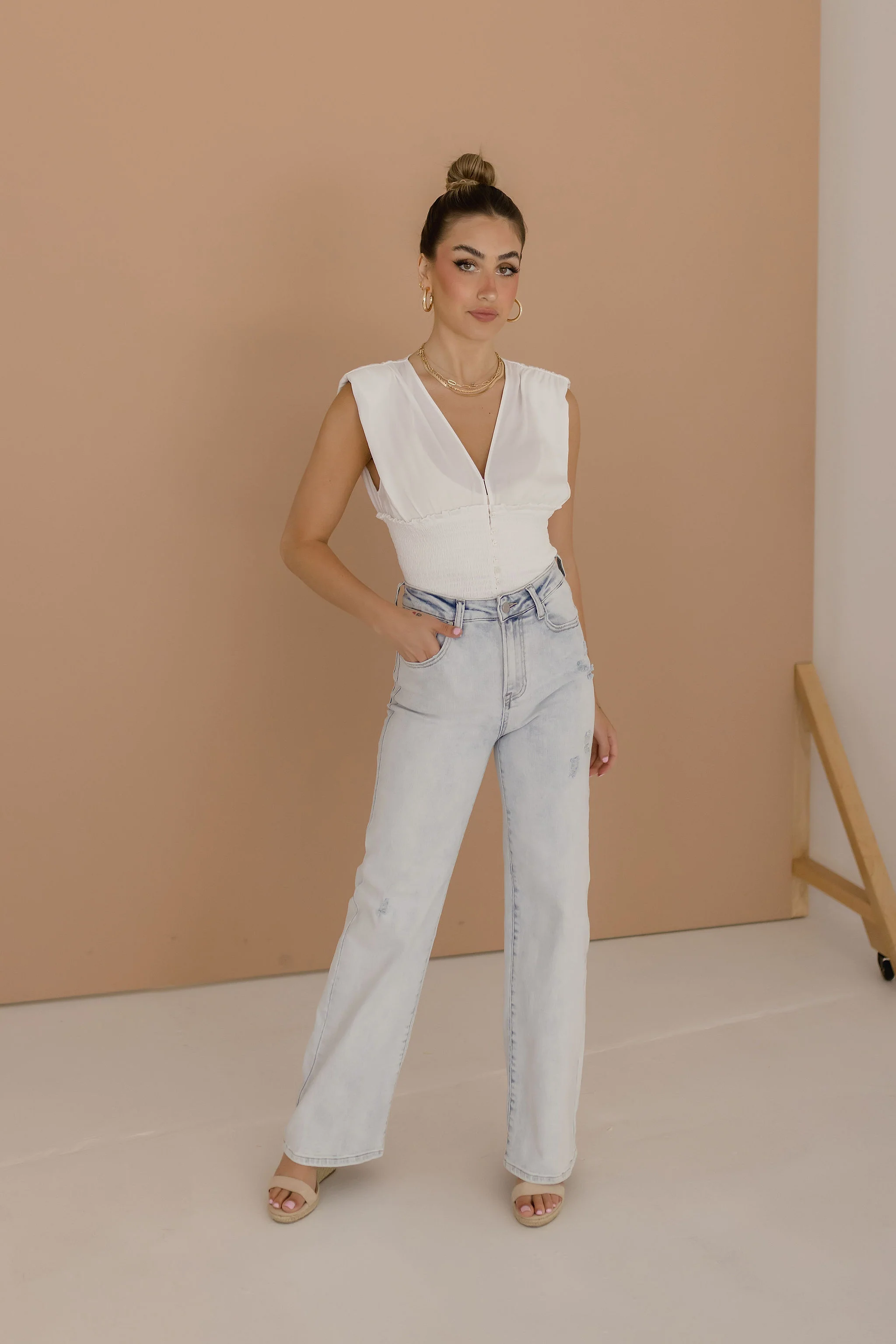 Dorothy Sleeveless Deep V Neck Top White